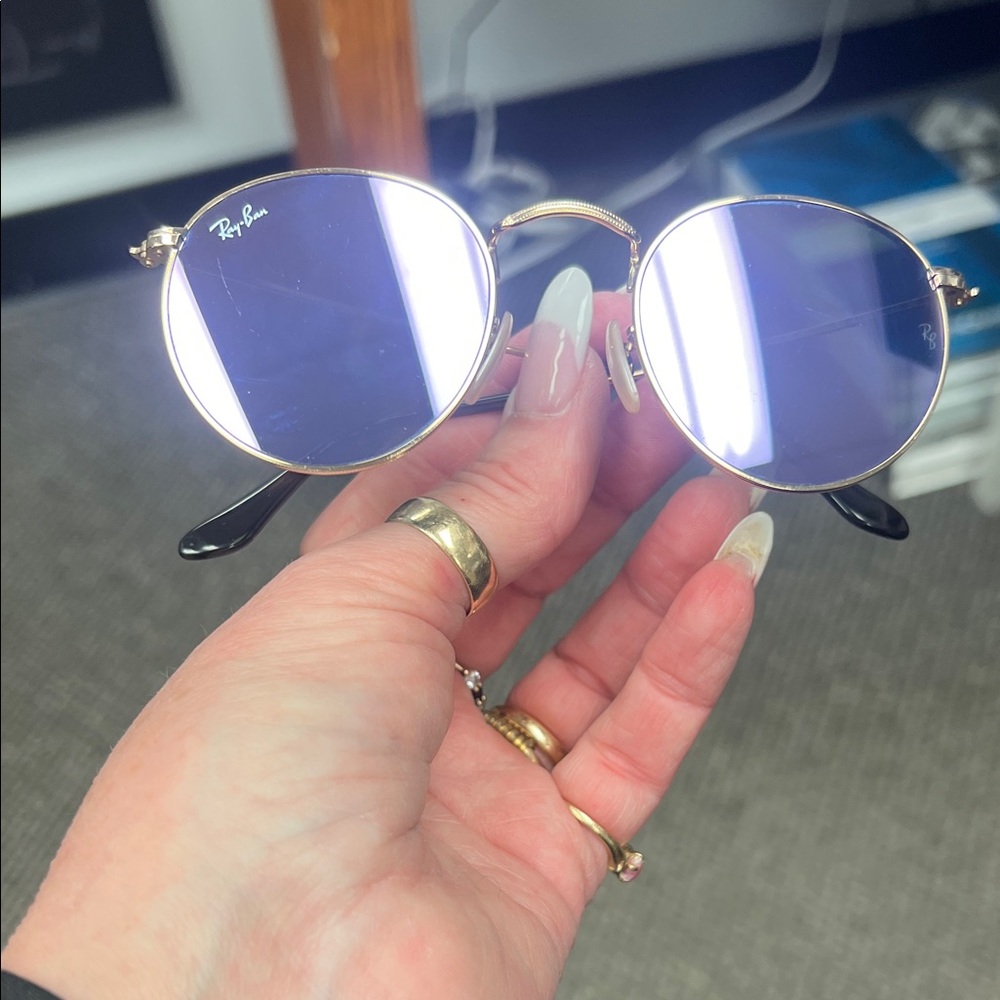 Ray-Ban Gold Frame Sunglasses with Violet Lenses